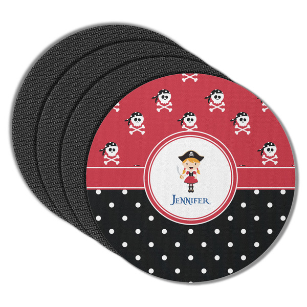 Custom Girl's Pirate & Dots Round Rubber Backed Coasters - Set of 4 (Personalized)