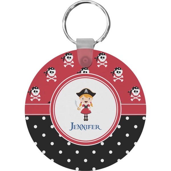 Custom Girl's Pirate & Dots Round Plastic Keychain (Personalized)