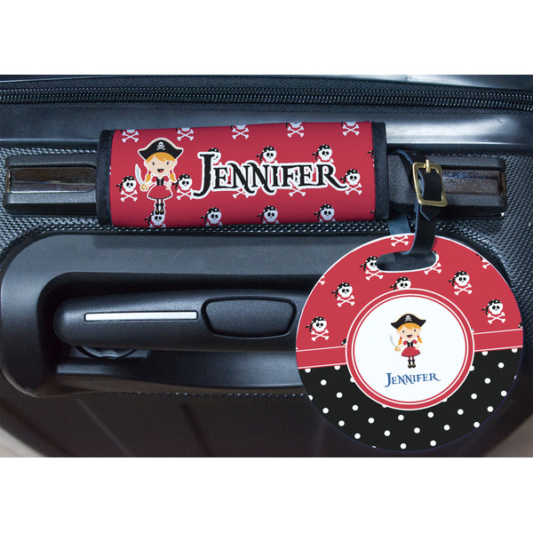 Girl's Pirate & Dots Round Luggage Tag & Handle Wrap - In Context