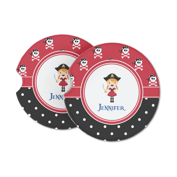 Custom Girl's Pirate & Dots Sandstone Car Coasters - Set of 2 (Personalized)