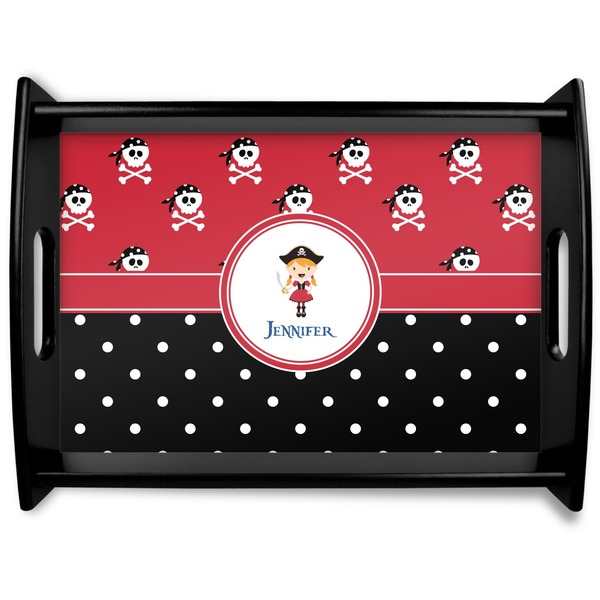 Custom Girl's Pirate & Dots Black Wooden Tray - Large (Personalized)