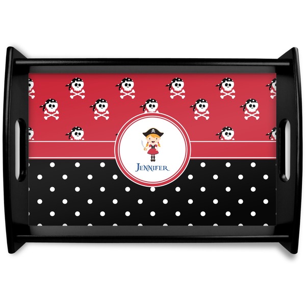 Custom Girl's Pirate & Dots Black Wooden Tray - Small (Personalized)