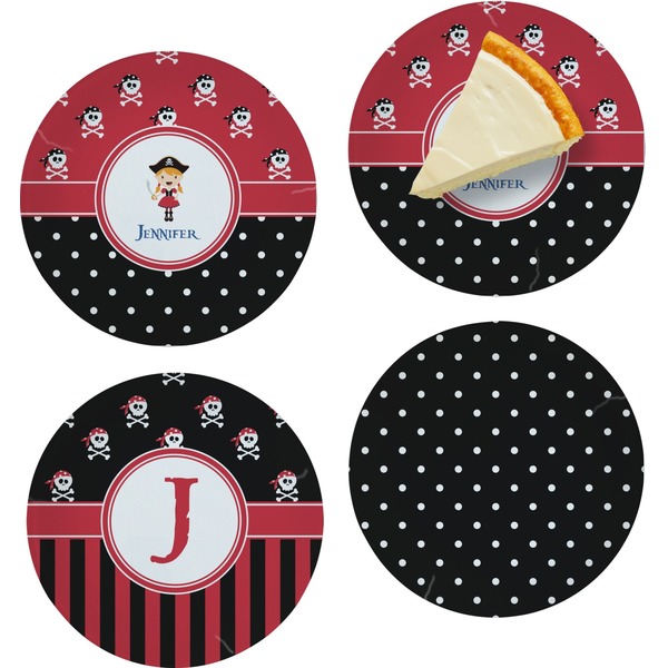 Custom Girl's Pirate & Dots Set of 4 Glass Appetizer / Dessert Plate 8" (Personalized)