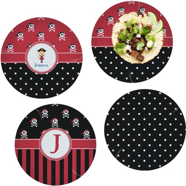 Custom Girl's Pirate & Dots Set of 4 Glass Lunch / Dinner Plate 10" (Personalized)