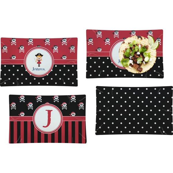 Custom Girl's Pirate & Dots Set of 4 Glass Rectangular Lunch / Dinner Plate (Personalized)