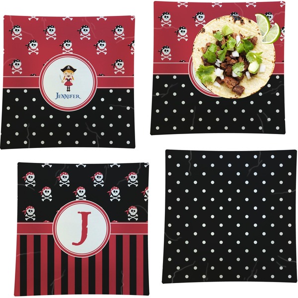 Custom Girl's Pirate & Dots Set of 4 Glass Square Lunch / Dinner Plate 9.5" (Personalized)