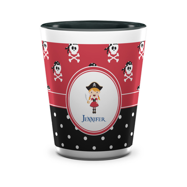 Custom Girl's Pirate & Dots Ceramic Shot Glass - 1.5 oz - Two Tone - Set of 4 (Personalized)