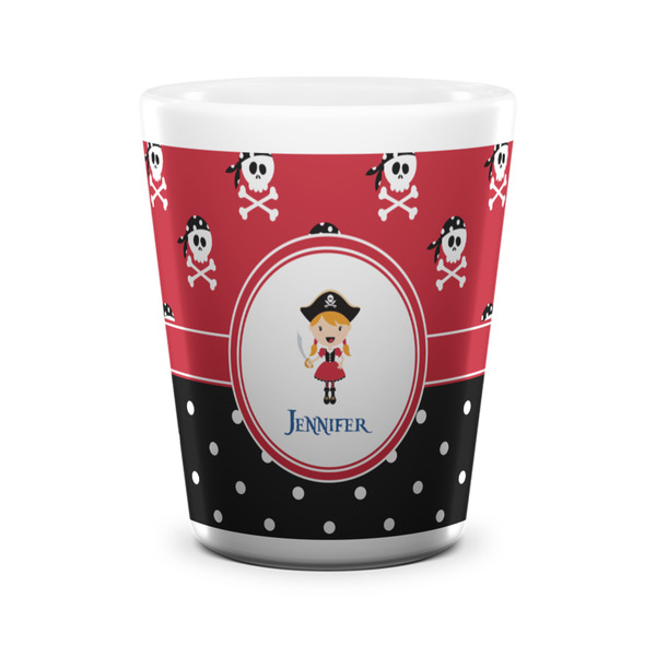 Custom Girl's Pirate & Dots Ceramic Shot Glass - 1.5 oz - White - Set of 4 (Personalized)