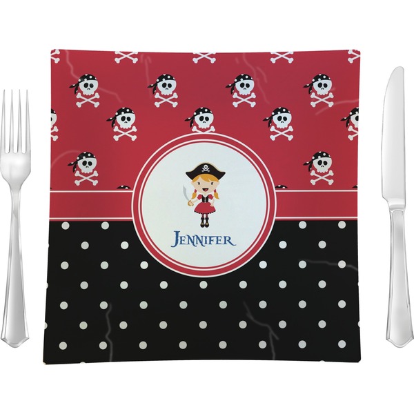 Custom Girl's Pirate & Dots 9.5" Glass Square Lunch / Dinner Plate- Single or Set of 4 (Personalized)
