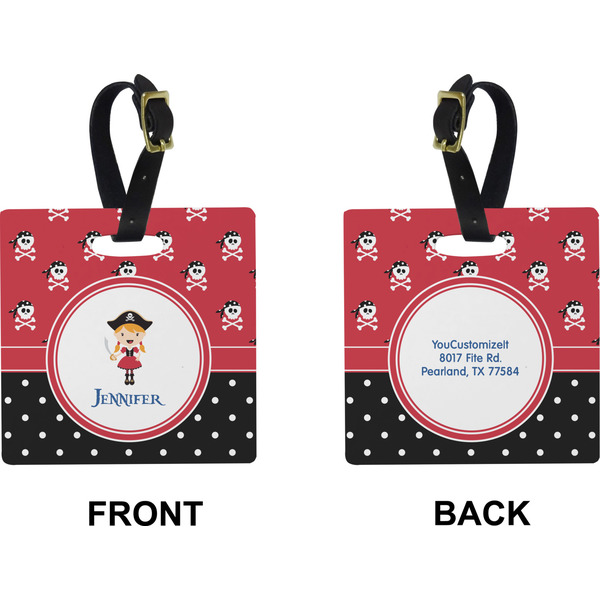 Girl's Pirate & Dots Square Luggage Tag (Front + Back)