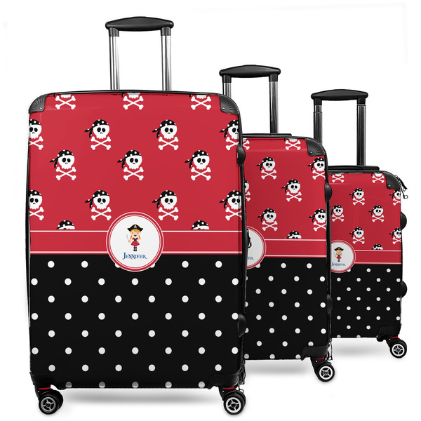 Custom Girl's Pirate & Dots 3 Piece Luggage Set - 20" Carry On, 24" Medium Checked, 28" Large Checked (Personalized)