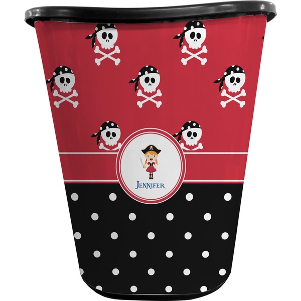 Custom Girl's Pirate & Dots Waste Basket - Single Sided (Black) (Personalized)