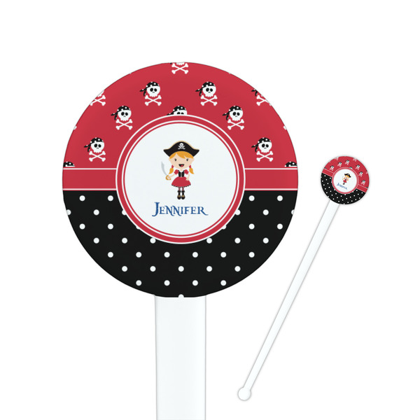 Custom Girl's Pirate & Dots 7" Round Plastic Stir Sticks - White - Double Sided (Personalized)