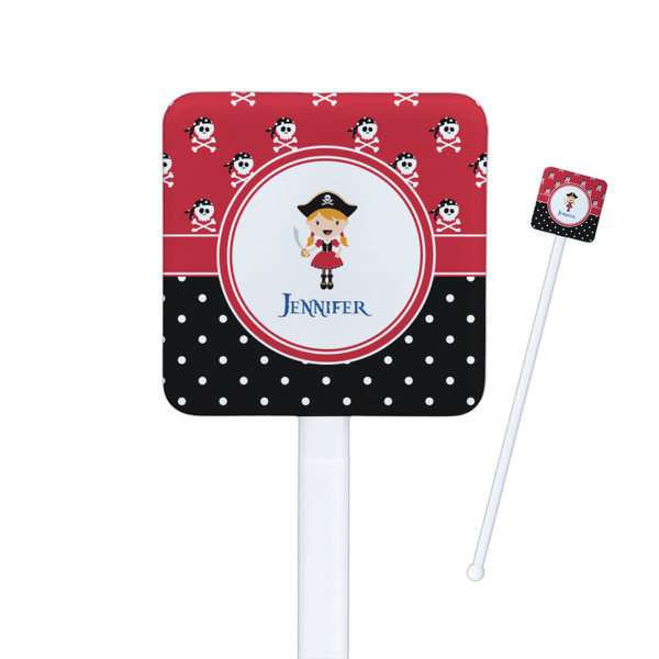 Custom Girl's Pirate & Dots Square Plastic Stir Sticks - Double Sided (Personalized)