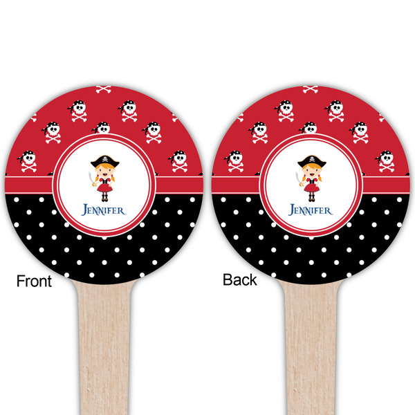 Girl's Pirate & Dots Wooden 4" Food Pick - Round - Double Sided - Front & Back