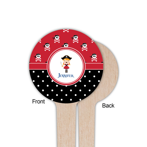 Girl's Pirate & Dots Wooden 4" Food Pick - Round - Single Sided - Front & Back