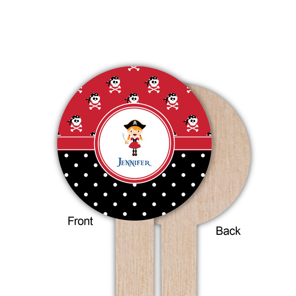 Girl's Pirate & Dots Wooden 6" Food Pick - Round - Single Sided - Front & Back