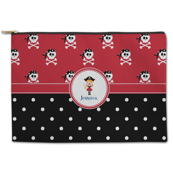 Custom Girl's Pirate & Dots Zipper Pouch - Large - 12.5"x8.5" (Personalized)