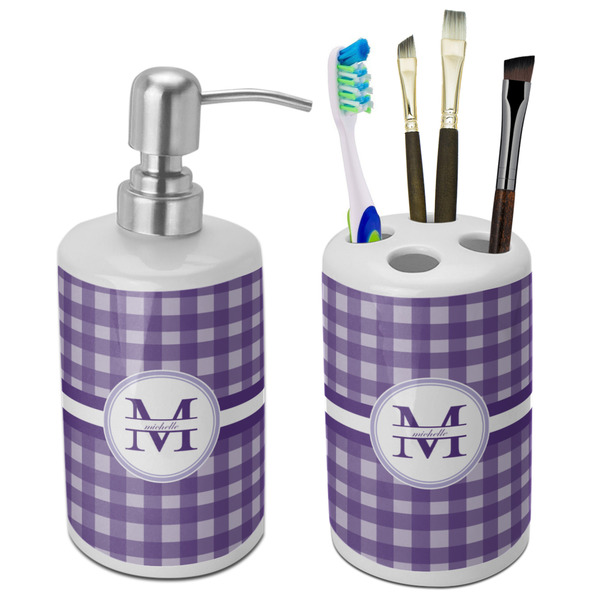 Custom Gingham Print Ceramic Bathroom Accessories Set (Personalized)
