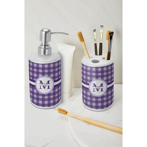 Gingham Print Ceramic Bathroom Accessories - LIFESTYLE (toothbrush holder & soap dispenser)