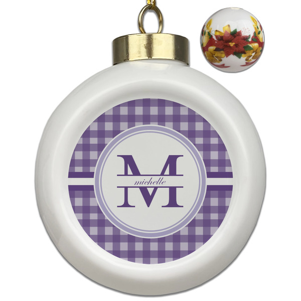 Custom Gingham Print Ceramic Ball Ornaments - Poinsettia Garland (Personalized)
