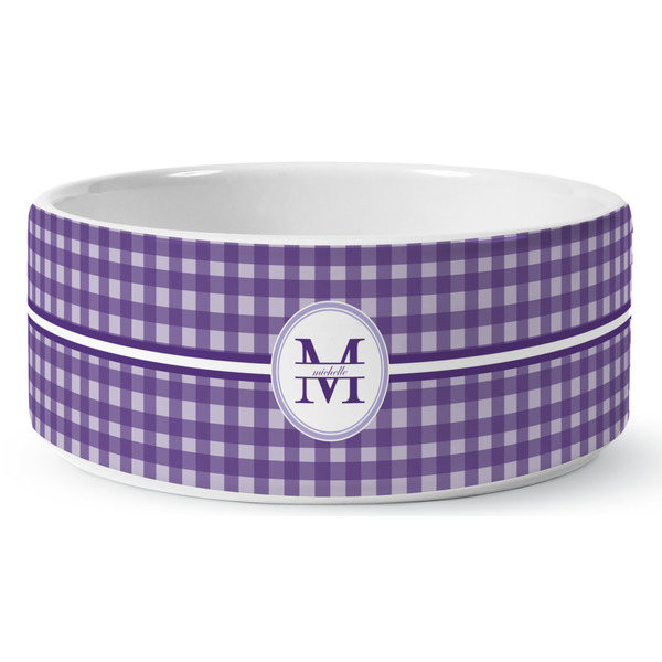 Gingham Print Ceramic Dog Bowl - Medium - Front