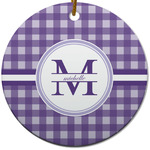 Gingham Print Round Ceramic Ornament w/ Name and Initial