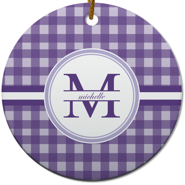 Custom Gingham Print Round Ceramic Ornament w/ Name and Initial