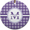 Gingham Print Round Ceramic Ornament w/ Name and Initial