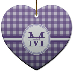 Gingham Print Heart Ceramic Ornament w/ Name and Initial