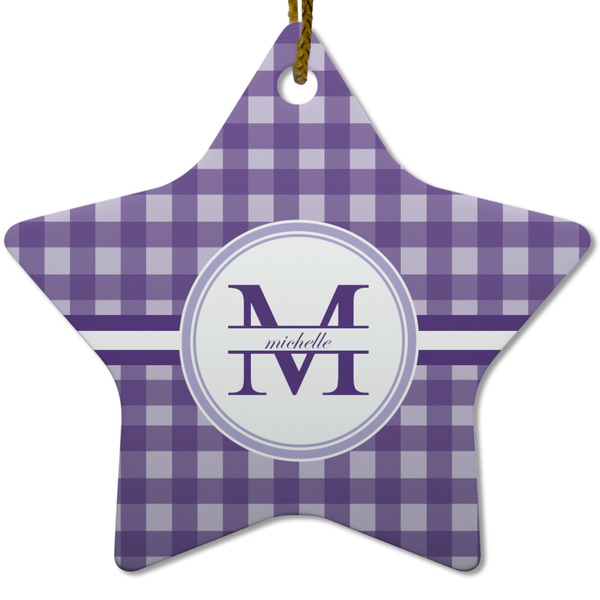 Custom Gingham Print Star Ceramic Ornament w/ Name and Initial