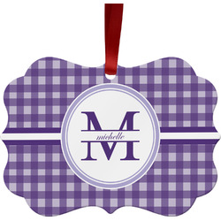 Gingham Print Metal Frame Ornament - Double Sided w/ Name and Initial