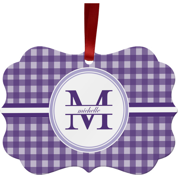 Custom Gingham Print Metal Frame Ornament - Double Sided w/ Name and Initial