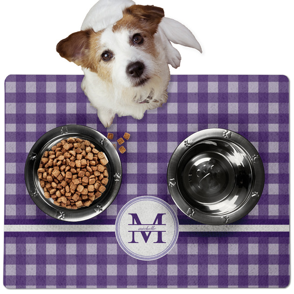 Custom Gingham Print Dog Food Mat - Medium w/ Name and Initial