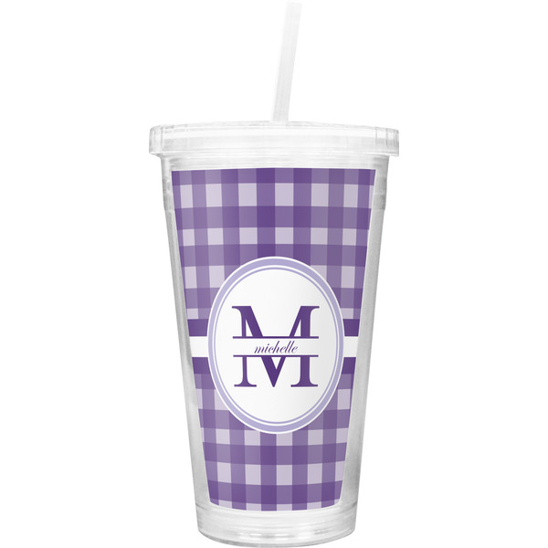 Custom Gingham Print Double Wall Tumbler with Straw (Personalized)