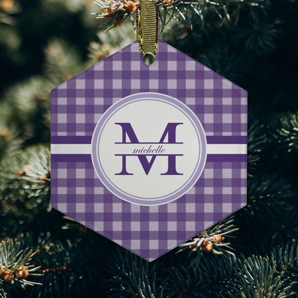Gingham Print Frosted Glass Ornament - Hexagon (Lifestyle)