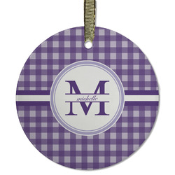 Gingham Print Flat Glass Ornament - Round w/ Name and Initial
