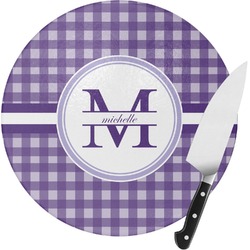 Gingham Print Round Glass Cutting Board (Personalized)