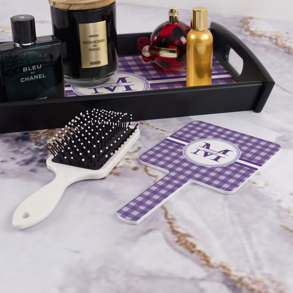 Gingham Print Hand Mirror - With Hair Brush