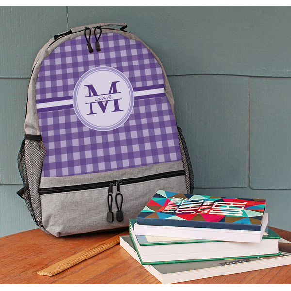 Gingham Print Large Backpack - Gray - On Desk