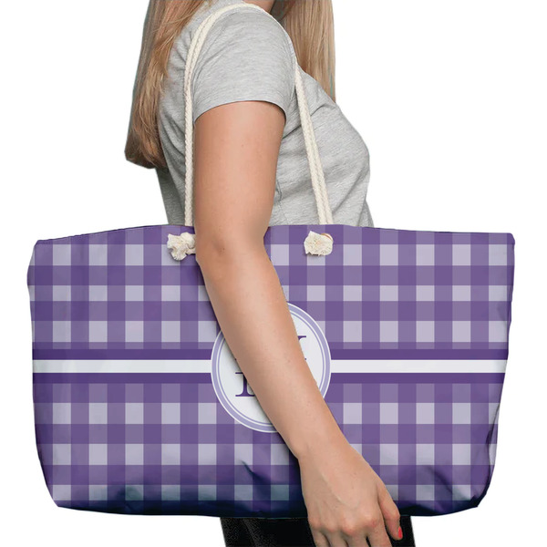 Gingham Print Large Rope Tote Bag - In Context View