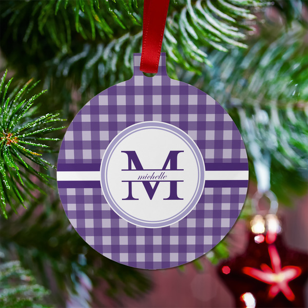 Gingham Print Metal Ball Ornament - Lifestyle