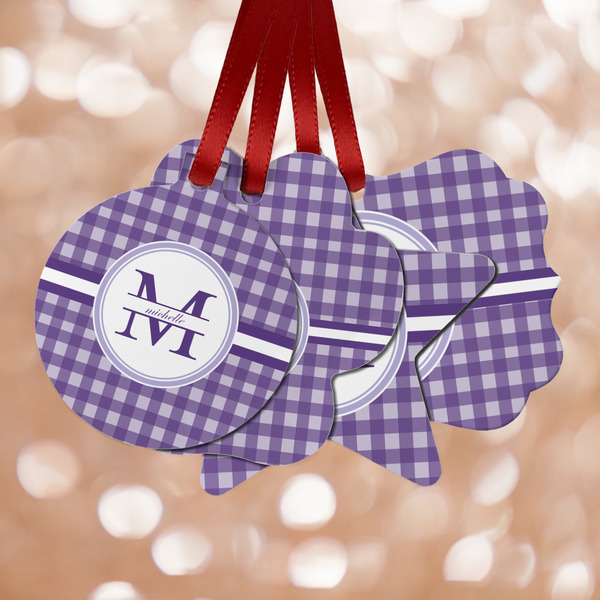 Custom Gingham Print Metal Ornaments - Double Sided w/ Name and Initial