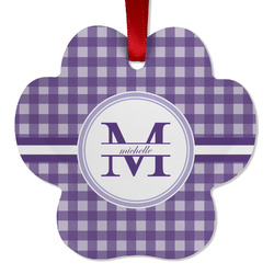 Gingham Print Metal Paw Ornament - Double Sided w/ Name and Initial