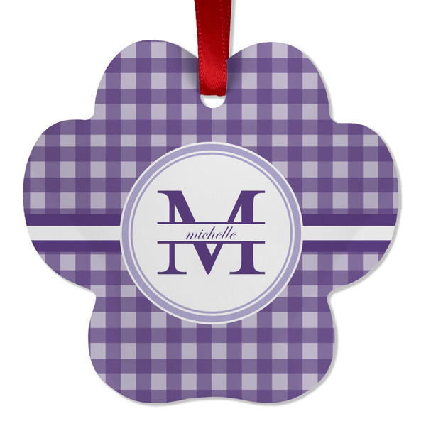 Custom Gingham Print Metal Paw Ornament - Double Sided w/ Name and Initial