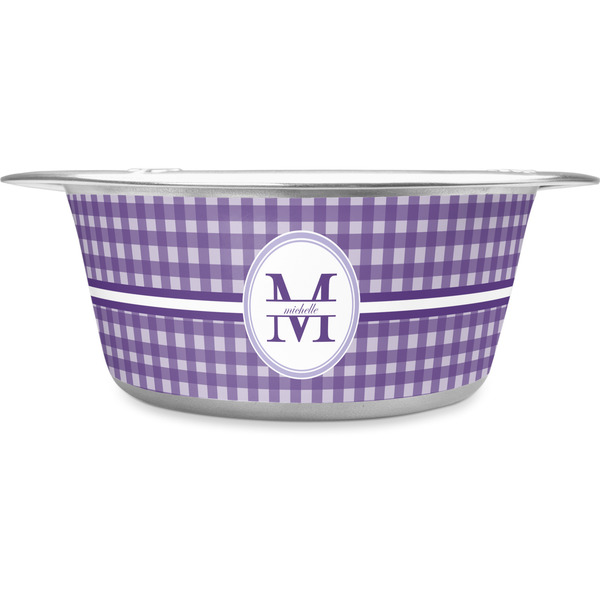 Custom Gingham Print Stainless Steel Dog Bowl (Personalized)