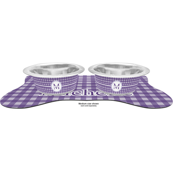 Gingham Print Metal Pet Bowls - On Dog Bone Shaped Mat