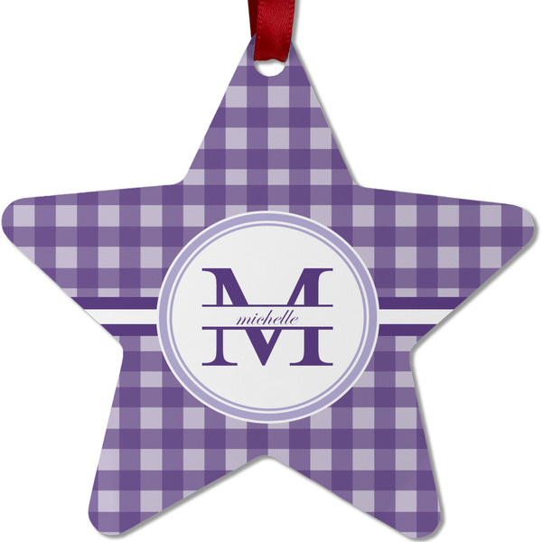 Custom Gingham Print Metal Star Ornament - Double Sided w/ Name and Initial