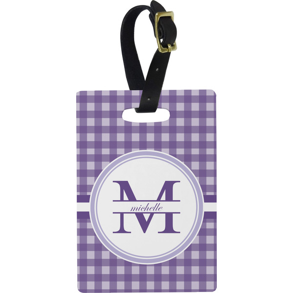 Custom Gingham Print Plastic Luggage Tag - Rectangular w/ Name and Initial