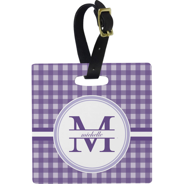 Custom Gingham Print Plastic Luggage Tag - Square w/ Name and Initial